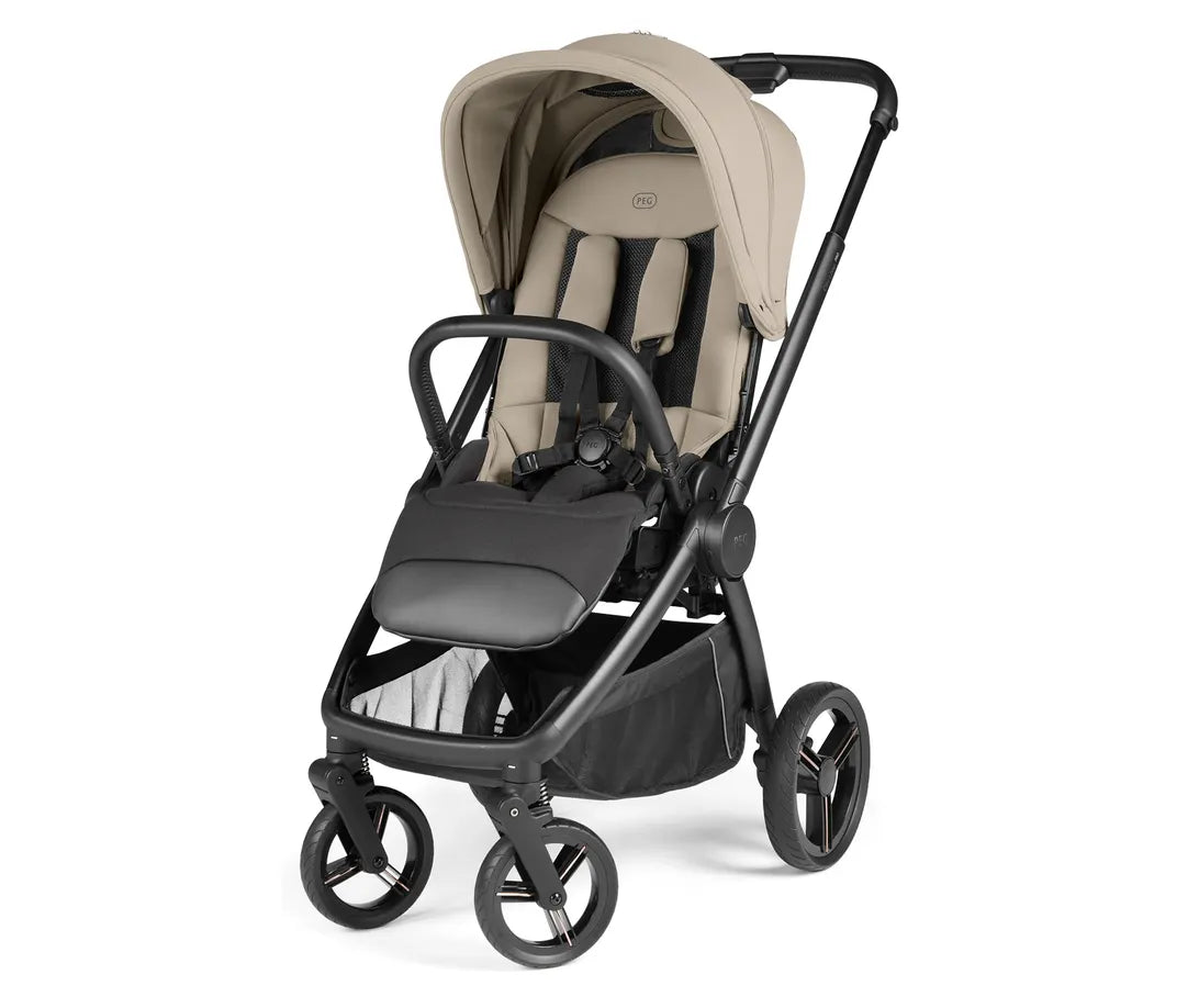 Peg perego city loop pro stroller in vanilla blend with beige and black fabric upholstery and a sturdy metal frame