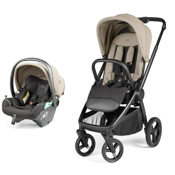 Peg perego city loop pro stroller car seat bundle vanilla blend in beige and black with metal frames and soft upholstery
