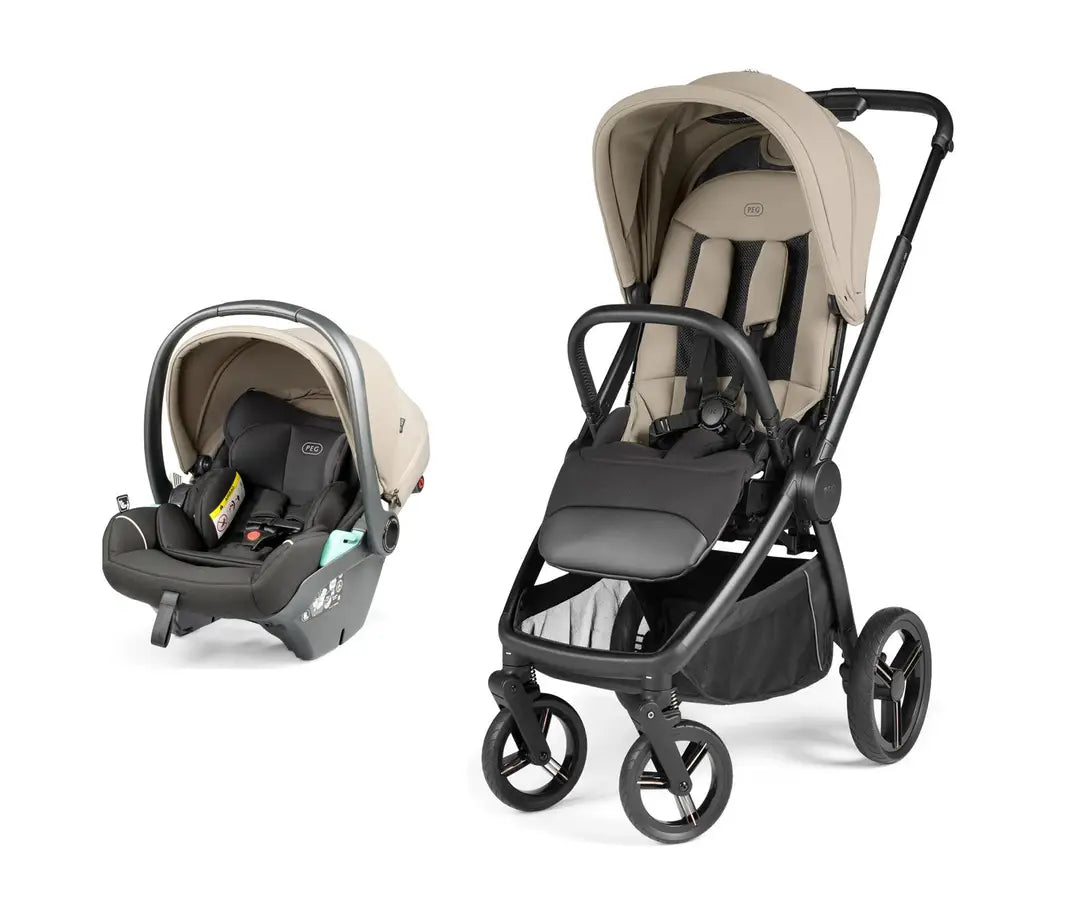 Peg perego city loop pro stroller car seat bundle vanilla blend in beige and black with metal frames and soft upholstery