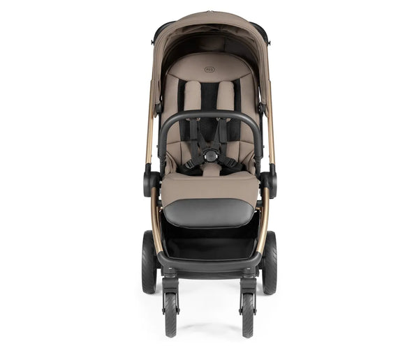 Beige and black peg perego city loop pro stroller with gold-tone frame showing the back side in pine bark color