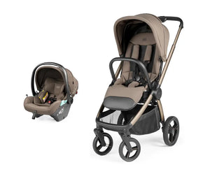 Beige and black peg perego city loop pro stroller and car seat bundle with sleek metallic frame in pine bark color