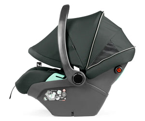 Dark gray Peg Perego City Loop Pro infant car seat with mint green padded interior and modern design in metal stroller bundle