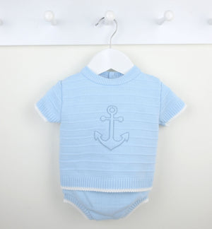 Sky blue knitted baby boys onesie with white anchor embroidery ribbed texture and matching white trim for comfort