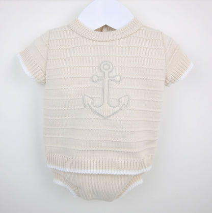 Beige & White Anchor Baby Boys Knit Outfit – Top & Jam Pant Shorts