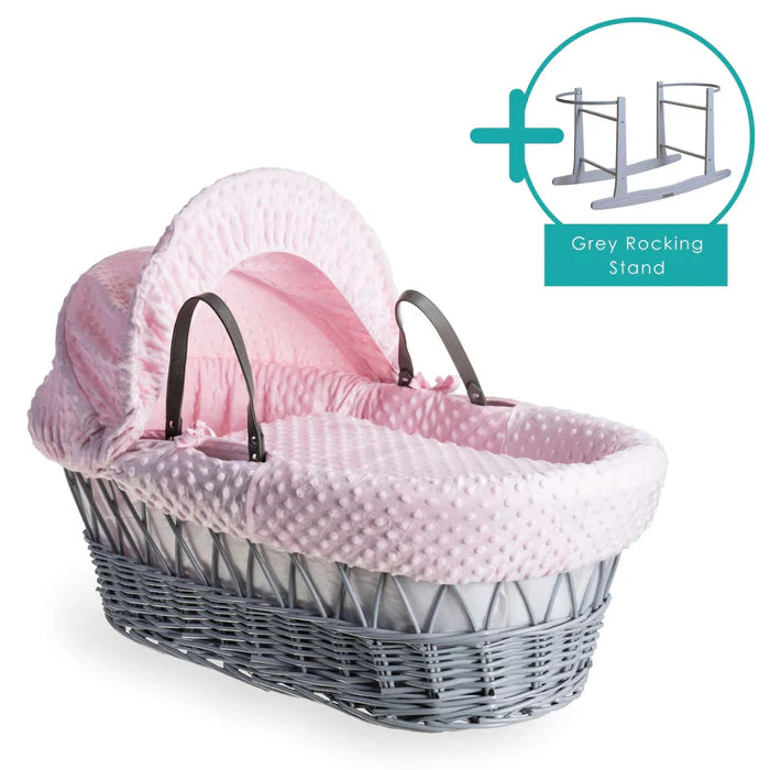Baby Grey Wicker Moses Basket in Pink Dimple By Clair De Lune