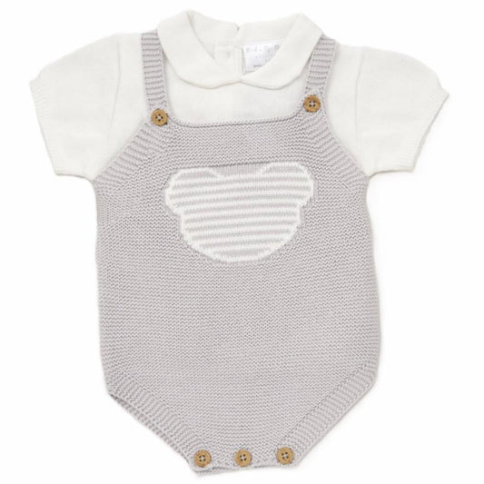 Baby Knitted Romper with Peter Pan Vest in Grey Teddy