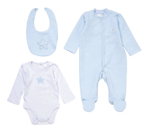Light blue star patterned baby boys textured cotton onesie with long sleeves and footies from layette set