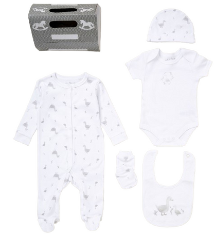 White baby onesie with silver duck prints part of unisex baby 5 piece layette set for newborns
