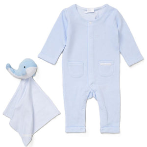 Light blue ribbed knit baby boys whale waffle romper with two front pockets and matching plush dolphin blanket