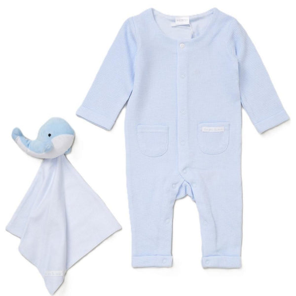 Light blue ribbed knit baby boys whale waffle romper with two front pockets and matching plush dolphin blanket