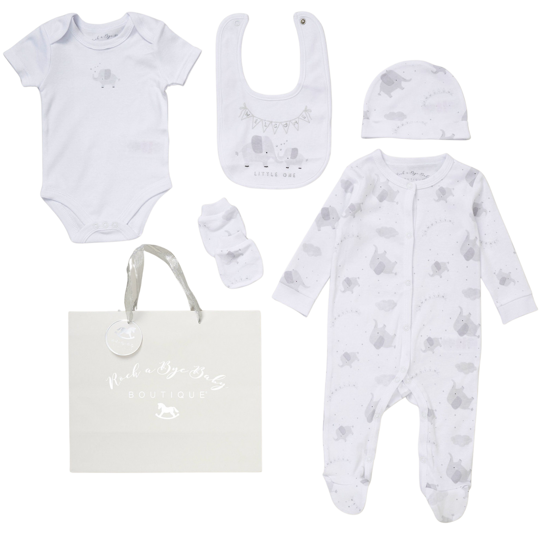 White baby onesie with subtle gray elephant print and snap closures from unisex baby white and grey elephants 5 piece set