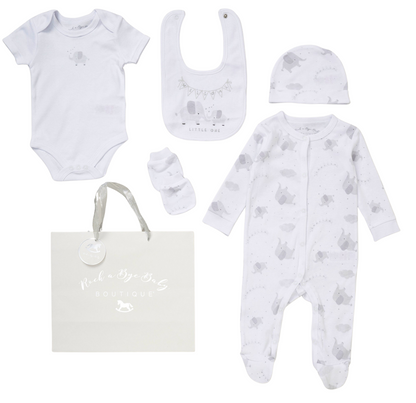 White baby onesie with subtle gray elephant print and snap closures from unisex baby white and grey elephants 5 piece set