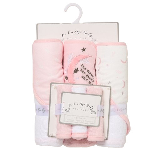 Baby Hooded Towel & Wash Cloth Gift Set – The Moon, The Stars & Me (Pink)