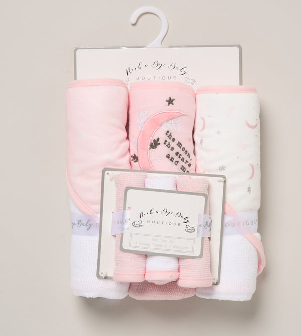 Baby Hooded Towel & Wash Cloth Gift Set – The Moon, The Stars & Me (Pink)