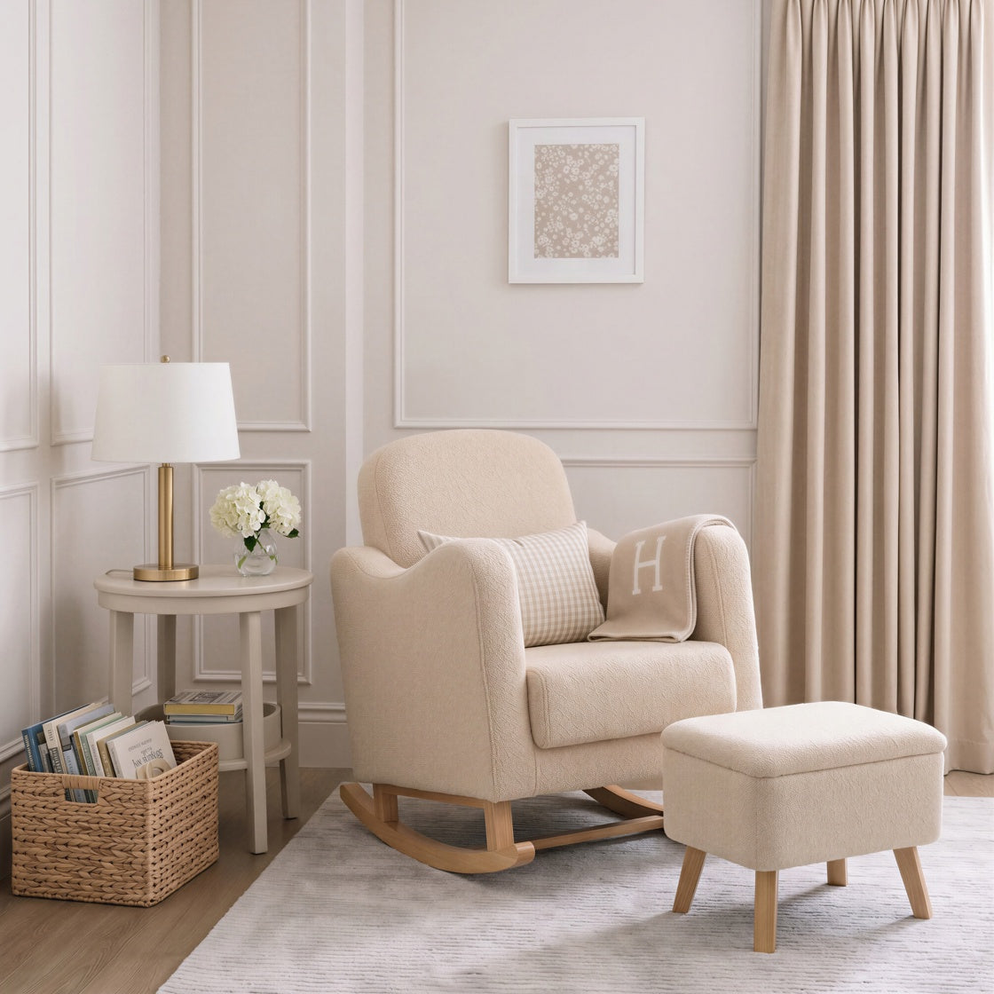 Bebe & Beyond Soother Nursing Chair & Footstool – Oatmeal Teddy