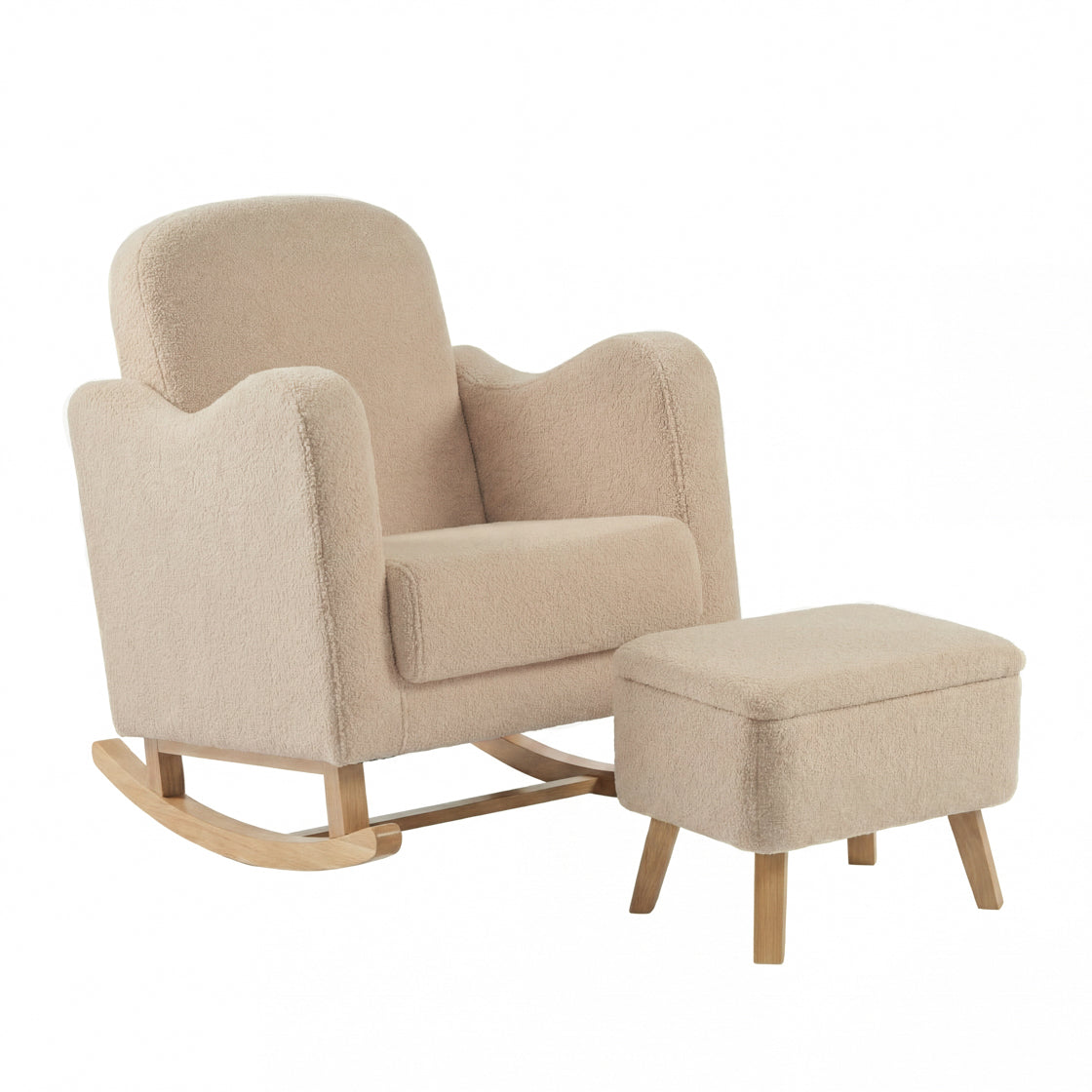 Bebe & Beyond Soother Oatmeal Teddy nursing rocking chair and matching padded storage footstool with natural wooden base front view