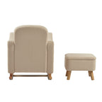 Bebe & Beyond Soother Oatmeal Teddy nursing rocking chair and matching padded storage footstool with natural wooden base rear view 