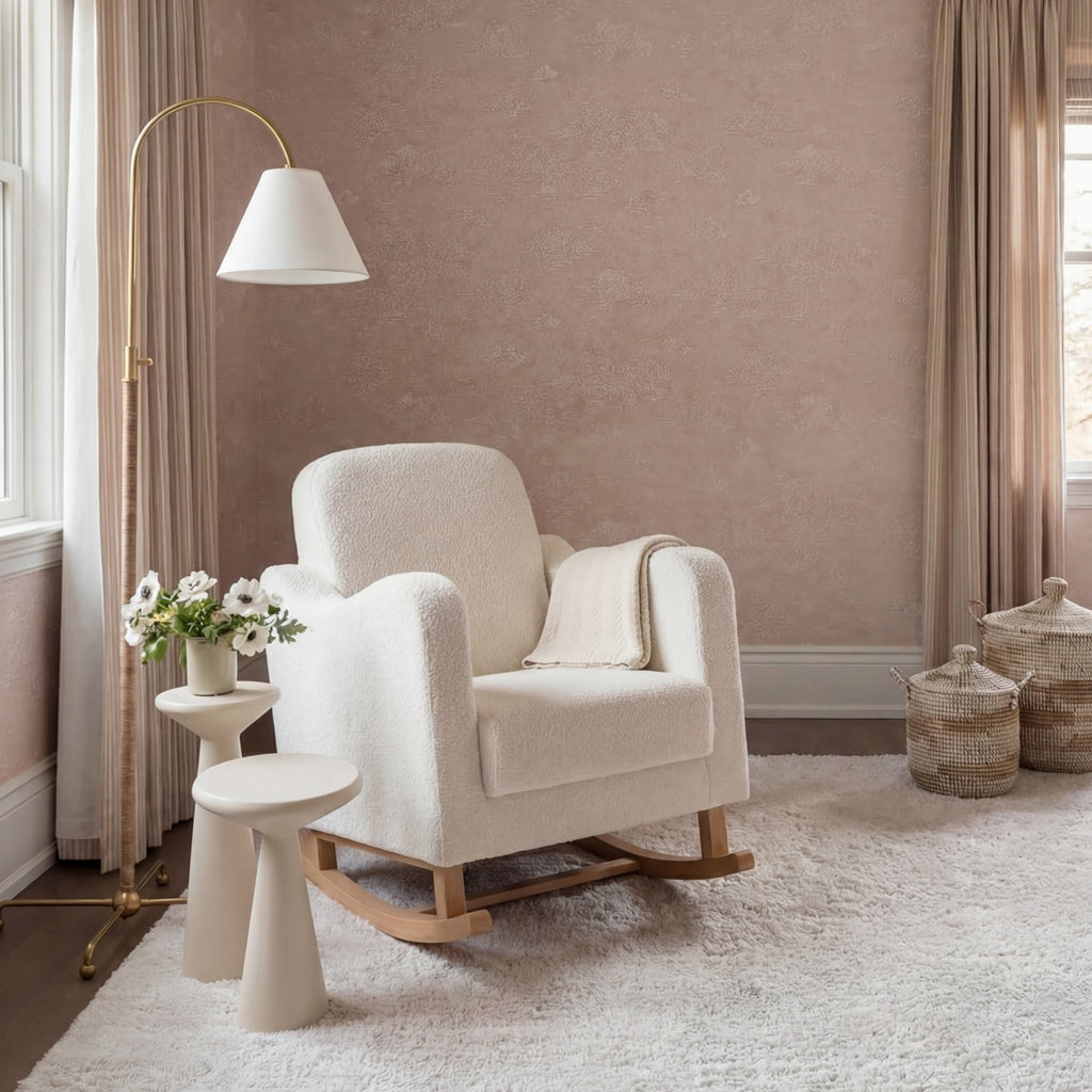 Bebe & Beyond Soother Nursing Chair Off White Bouclé nursery rocking chair with deep cushions and wooden rocking base