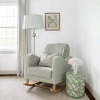 Bebe & Beyond Soother Nursing Chair Sage Green Bouclé upholstered nursery rocking chair with wooden rocking base