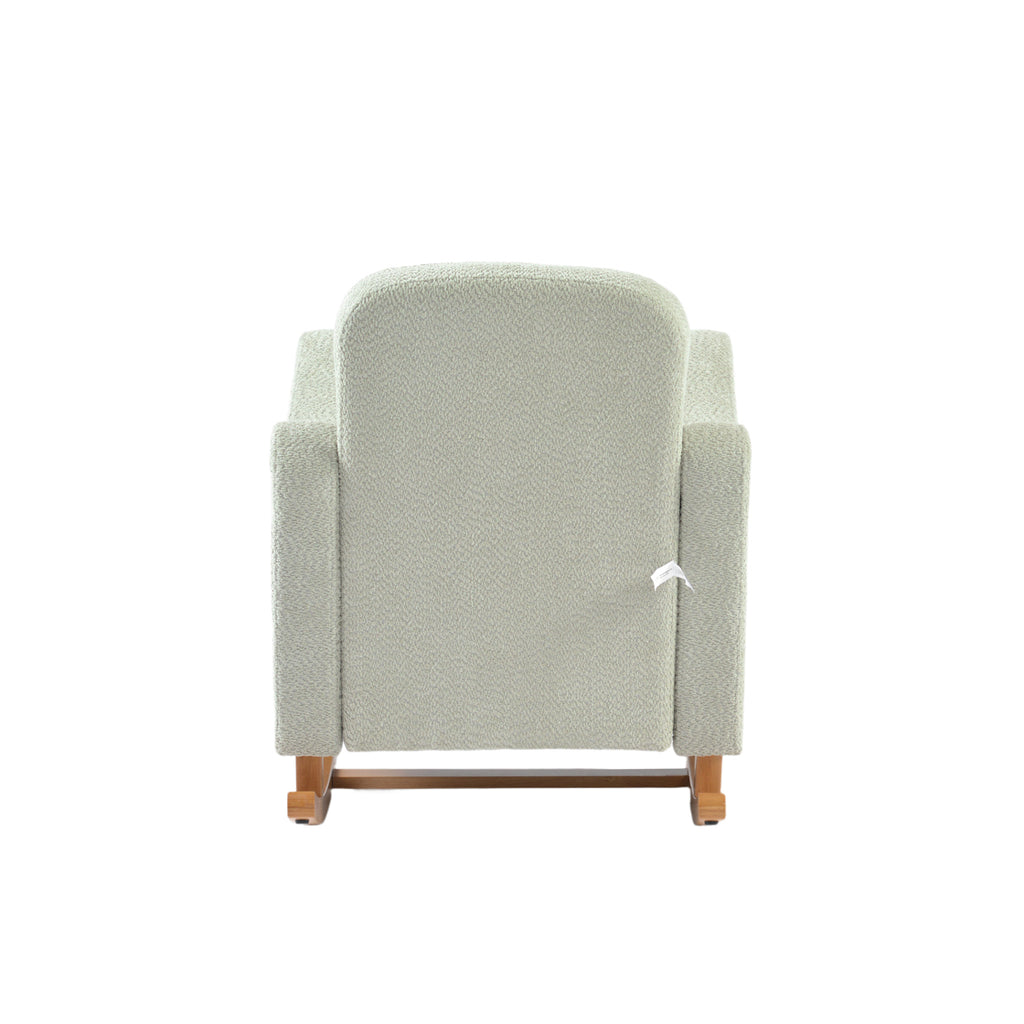 Bebe & Beyond Soother Nursing Chair Sage Green Bouclé upholstered nursery rocking chair with wooden rocking base rear view