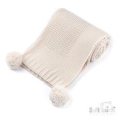 Baby Beige Ribbed Baby Blanket with Pom Poms
