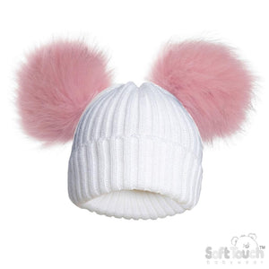 Baby Girls Pink & White Knitted Double Pom Pom Hat | Newborn – 12 Months