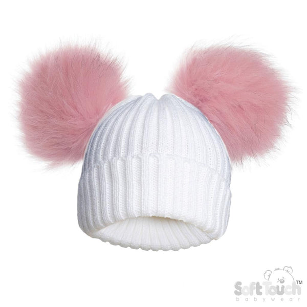 Baby Girls Pink & White Knitted Double Pom Pom Hat | Newborn – 12 Months