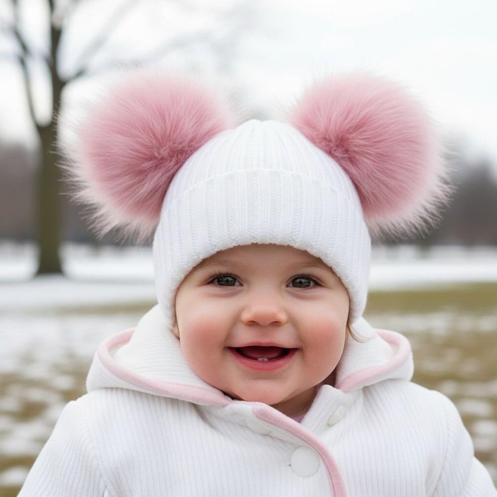 Baby Girls Pink & White Knitted Double Pom Pom Hat | Newborn – 12 Months
