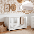 Bebe & Beyond Wanderer White Cot Bed with under-bed storage drawer and Classic Spring 140 x 70cm mattress bundle