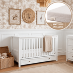 Bebe & Beyond Wanderer White Cot Bed with under-bed storage drawer and Classic Spring 140 x 70cm mattress bundle