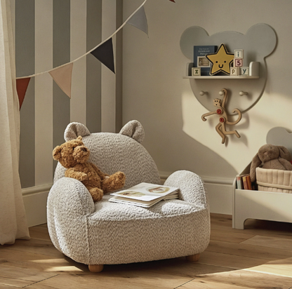 Beige plush bear-shaped kids chair with soft textured boucle mushroom fabric and rounded ears