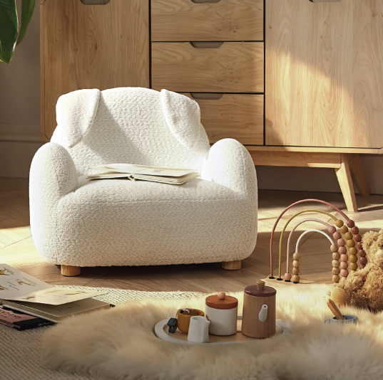 Etta Bunny kids chair plush sheep-shaped armchair in cream boucle fabric with wooden legs for children’s room seating