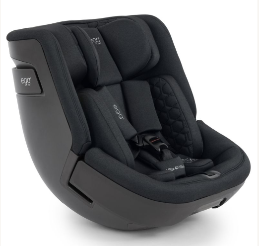 Egg toddler 360 car seat in carbonite black with quilted fabric and sleek modern convertible design