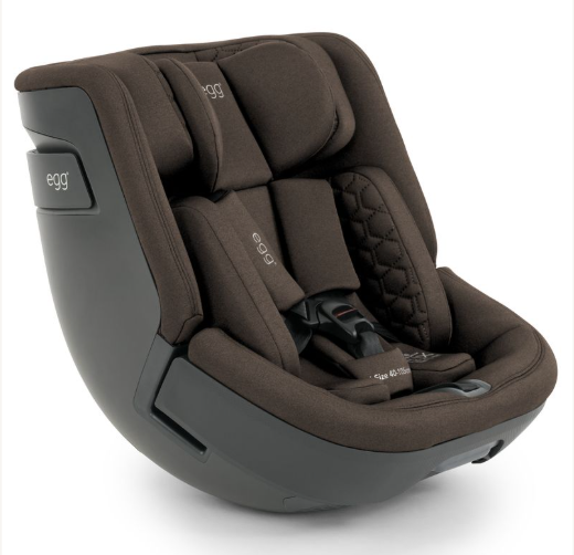 Egg Toddler 360 convertible car seat in chocolate velvet with padded quilted fabric and sleek plastic frame