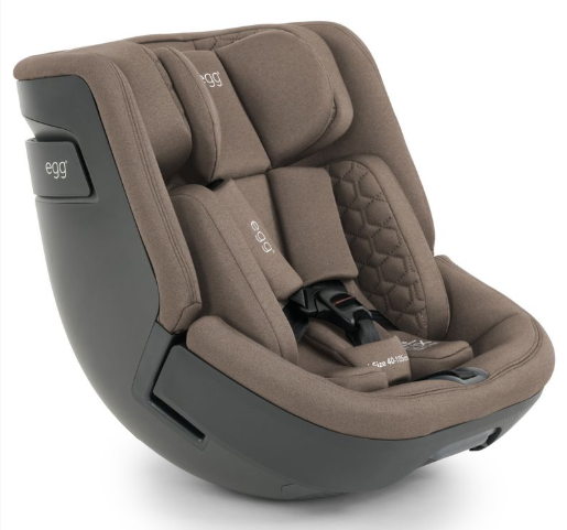 Egg toddler 360 car seat in mink brown leather-like upholstery with quilted padding and black harness straps