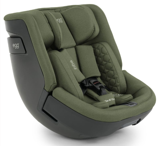 Egg toddler 360 car seat in sage olive green fabric with black plastic frame and egg branding for child safety