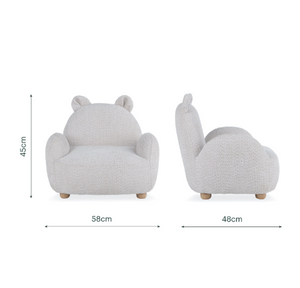 Soft off-white boucle mushroom Etta Bear kids chair with plush bear shape rounded ears and wooden legs