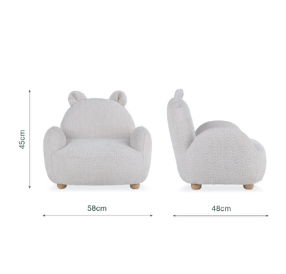 Soft off-white boucle mushroom Etta Bear kids chair with plush bear shape rounded ears and wooden legs
