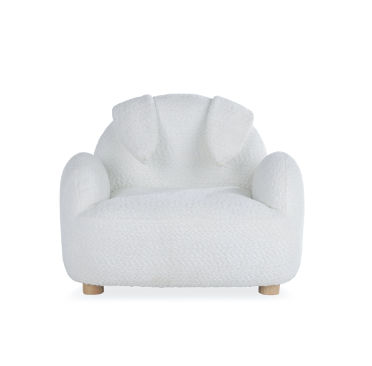 Etta Bunny kids chair in boucle off white with soft fluffy texture and rounded ears on backrest
