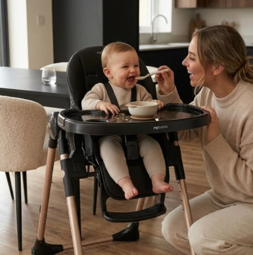 My Babiie MBHC9 Luxe highchair in black with wooden legs and tray designed for comfortable baby feeding