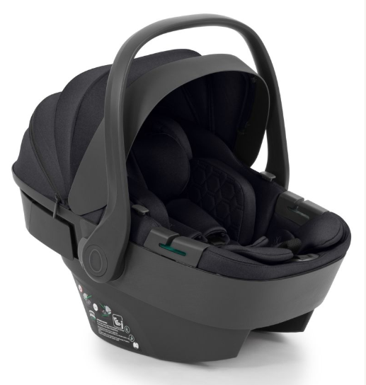 Black infant car seat with sleek modern design and soft fabric lining in egg3 carbonite all stages 360 bundle