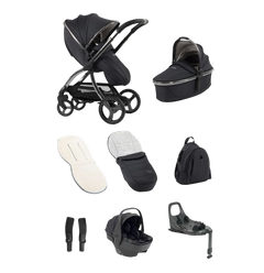 Black egg3 carbonite stroller and matching bassinet with sleek modern design and shell 360 i-size car seat bundle