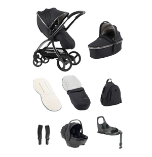 Black egg3 carbonite stroller and matching bassinet with sleek modern design and shell 360 i-size car seat bundle