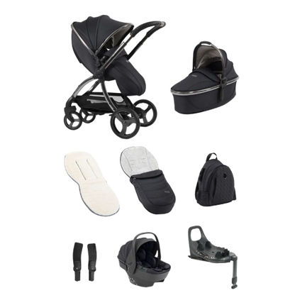 Black egg3 carbonite stroller and matching bassinet with sleek modern design and shell 360 i-size car seat bundle