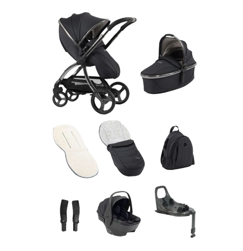 Black egg3 carbonite stroller and matching bassinet with sleek modern design and shell 360 i-size car seat bundle