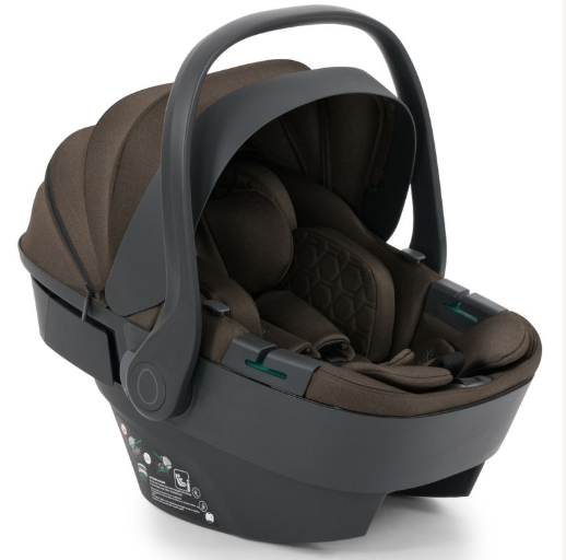 Egg3 chocolate velvet infant car seat in brown and black with soft padded interior and modern design for all stages use