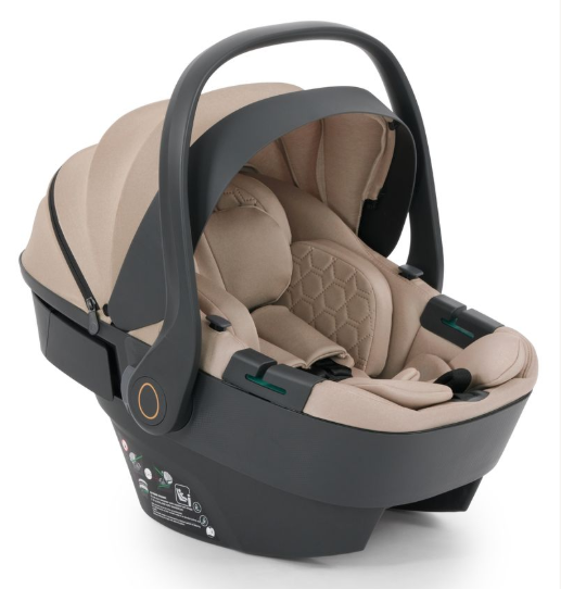 Beige and black egg3 feather luxury bundle infant car seat with quilted fabric upholstery and sleek modern design