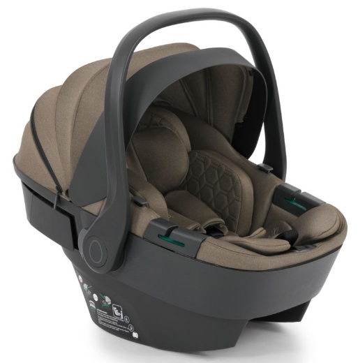 A sleek modern egg3 mink luxury infant car seat with taupe fabric and black frame for safe travel