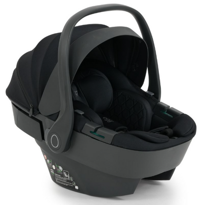 Black infant car seat with sleek modern design and soft fabric lining in egg3 panther black luxury bundle