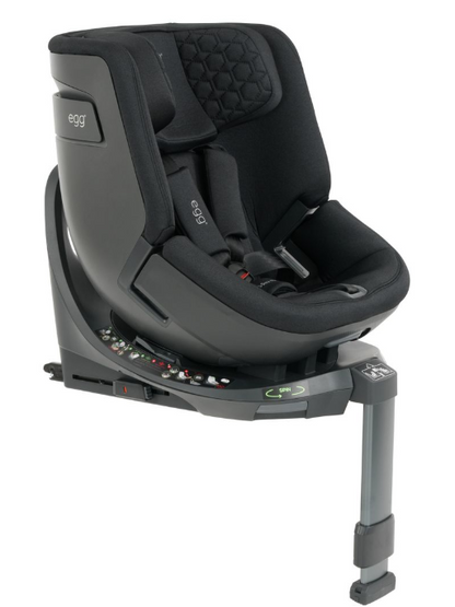 Black egg3 carbonite convertible car seat with sleek padded upholstery for infant and toddler use with isofix base
